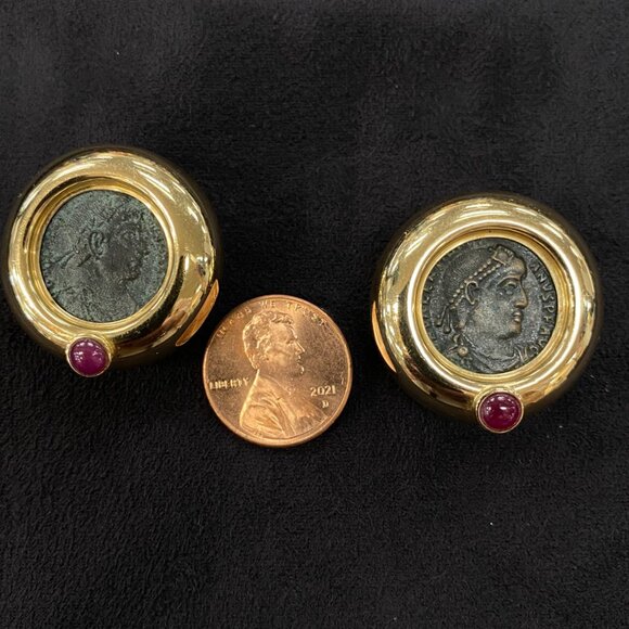European Etruscan Bronze Roman Coin 14KT Yellow Gold Earrings - Picture 8 of 8